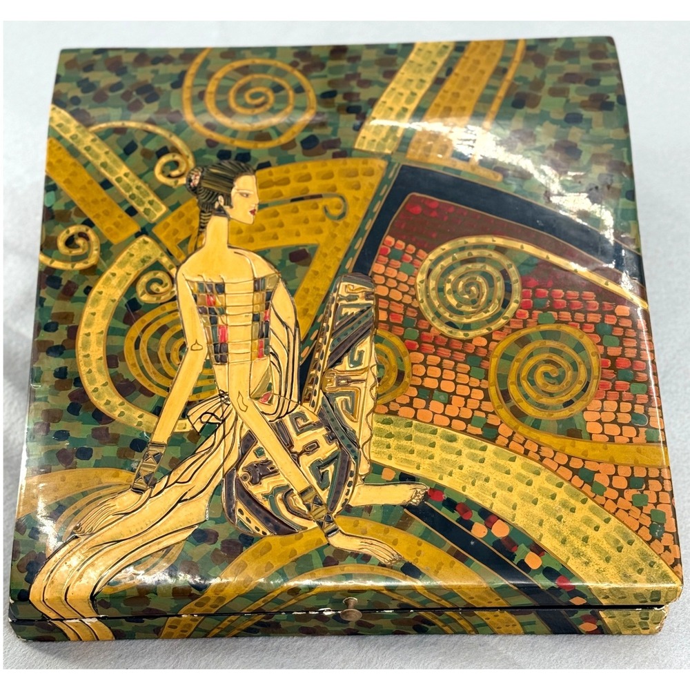 La Belle Art Deco Style Lacquered Wood Decorative Box Gustav Klimt Inspired 16in